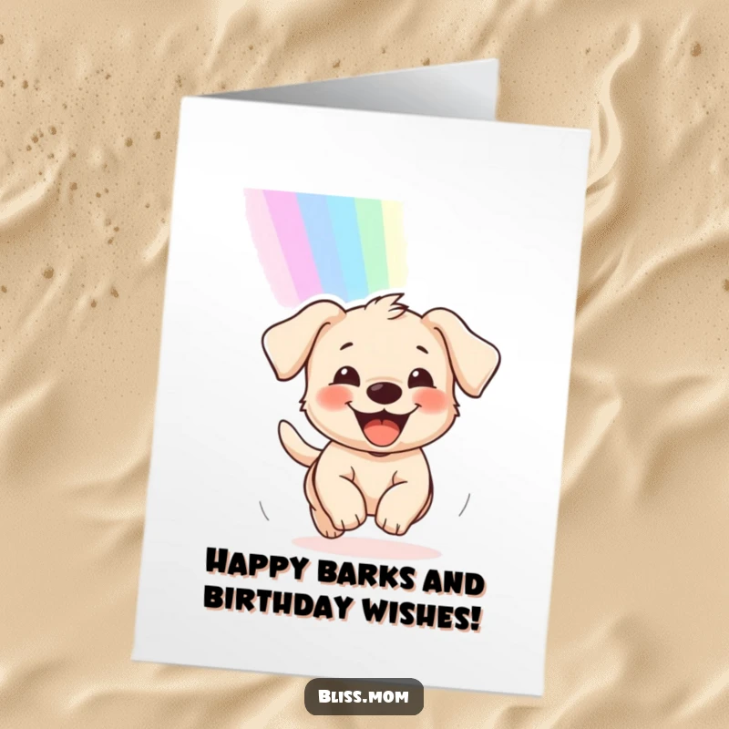 Delighted free printable birthday card featuring a puppy with a wide grin, joyfully chasing a vibrant rainbow across the sky.