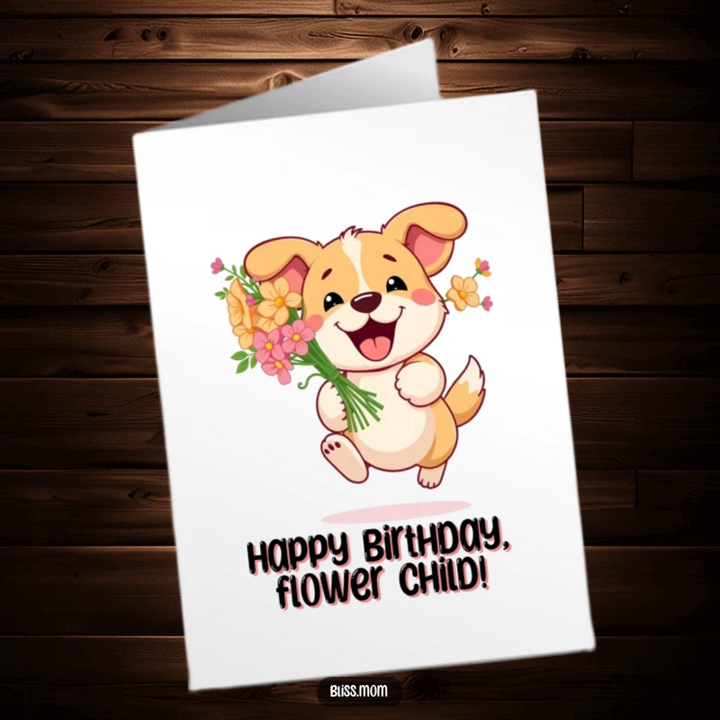 Funny Free Printable Birthday Card: A happy dog energetically bounding with a colorful bouquet of flowers.