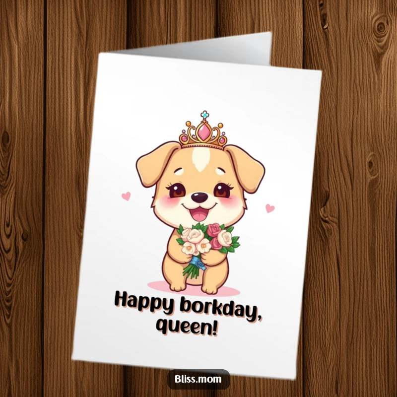 Funny Free Printable Birthday Card: Joyous dog mom in a sparkly tiara holds a bouquet, celebrating her day.