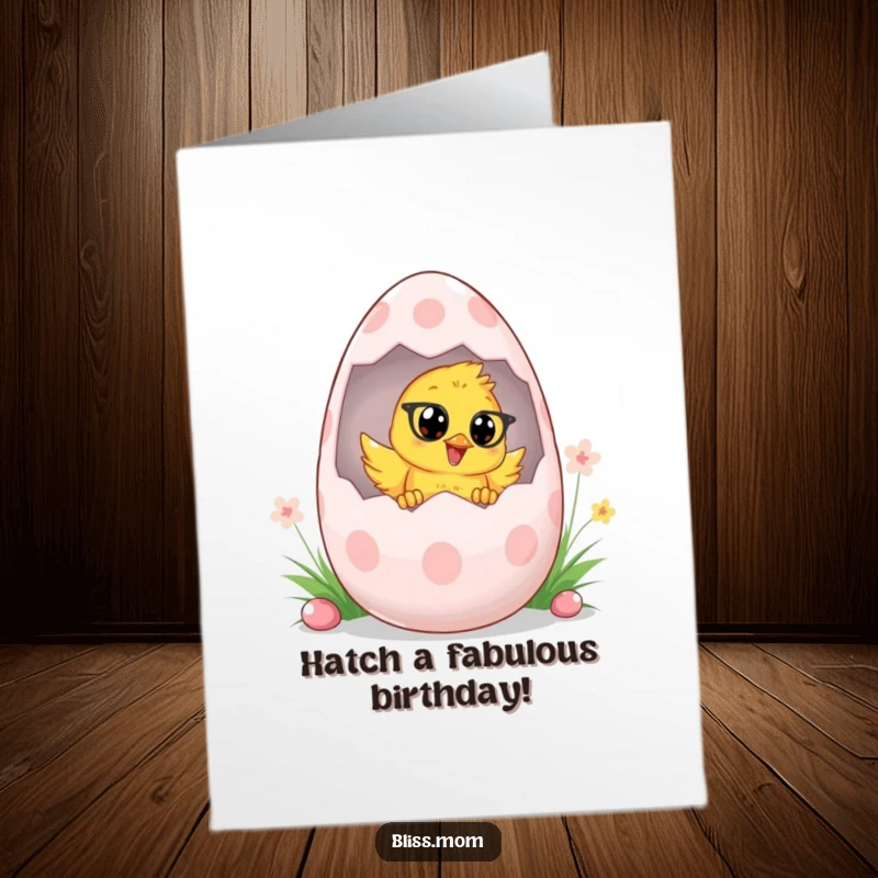 Funny Free Printable Birthday Card featuring an energetic chick mom peeking out from a massive Easter egg, ready to celebrate.