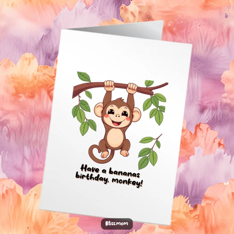 Funny Free Printable Birthday Card: Smiling kawaii monkey hanging upside down from a branch, a playful downloadable greeting.