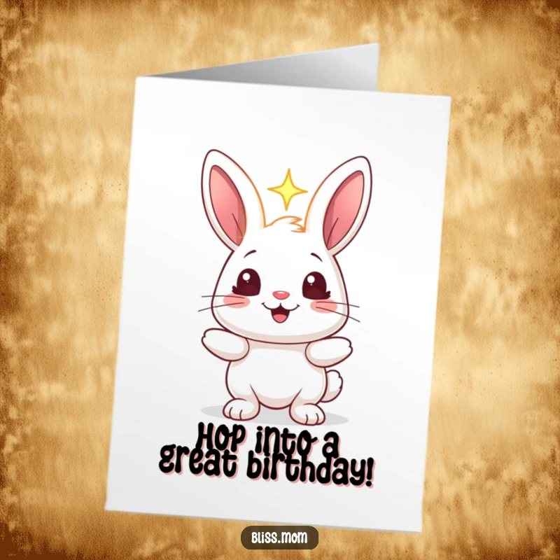Funny Free Printable Birthday Card: Cheerful rabbit holding a bright, radiant light, eyes sparkling with birthday joy.