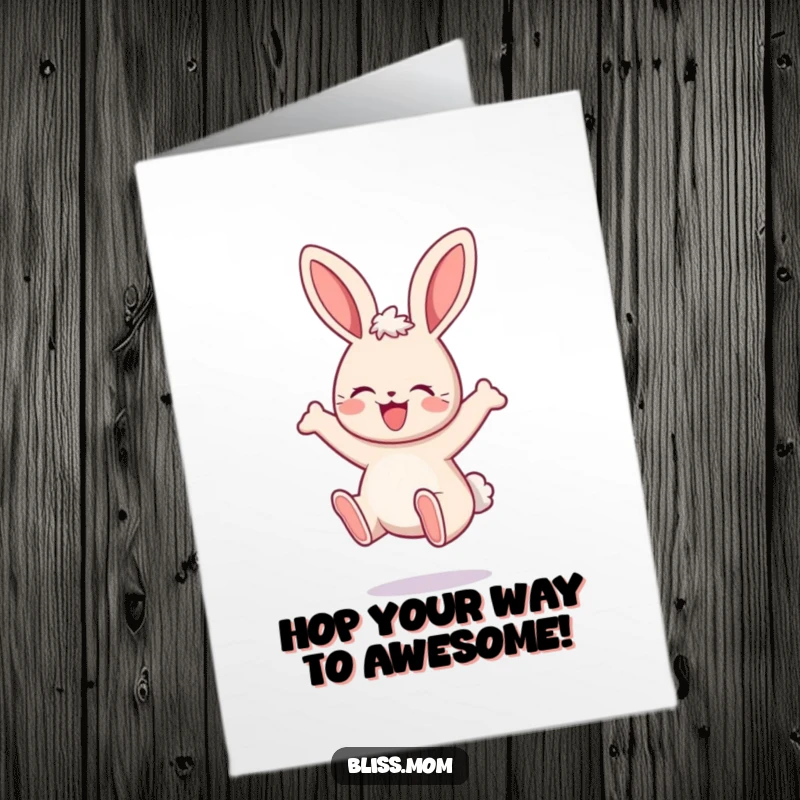 Funny Free Printable Birthday Card featuring a kawaii mama bunny joyfully bouncing with excitement, ready to celebrate.