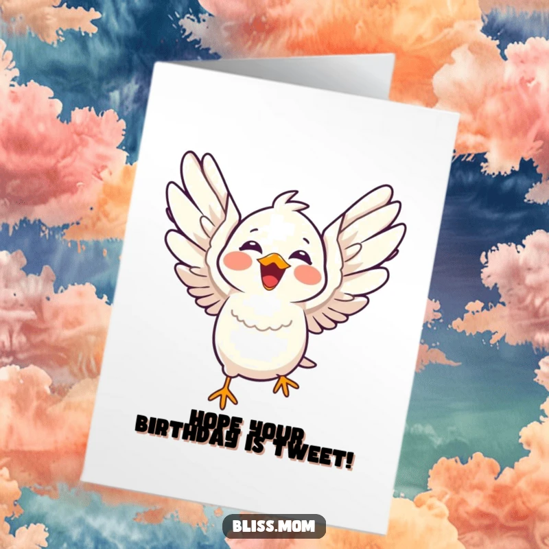 Funny Free Printable Birthday Card: Laughing kawaii bird with wings spread wide in joyful flight.
