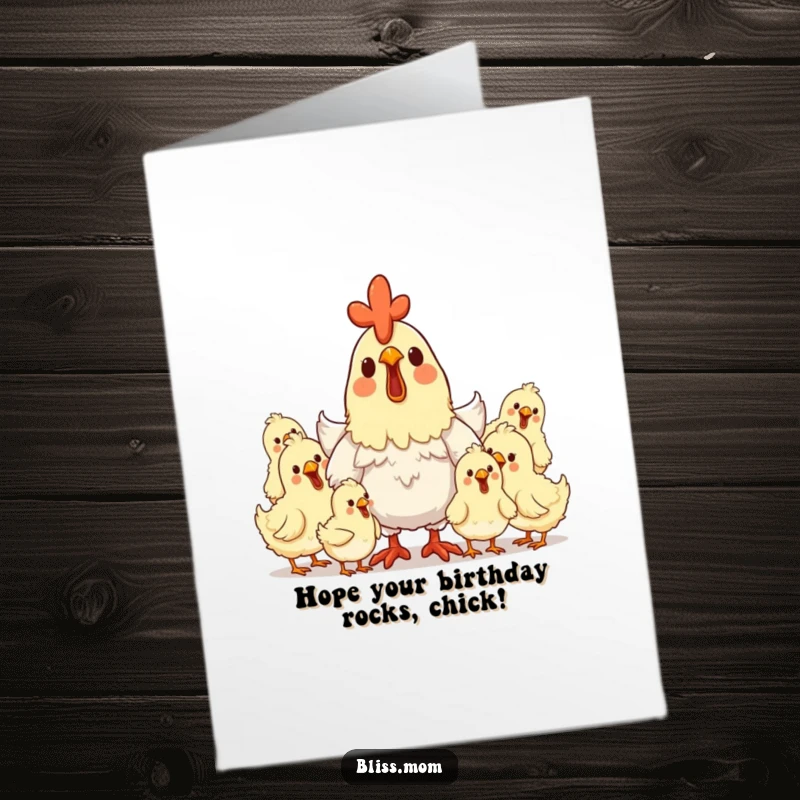 Funny Free Printable Birthday Card featuring a delighted hen mom surrounded by happy chicks, a cute downloadable gift.