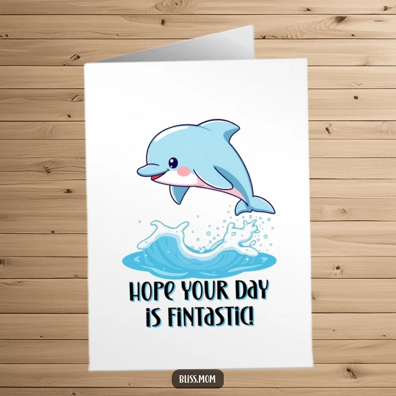 Funny Free Printable Birthday Card: Energetic kawaii dolphin mom joyfully leaping from a sparkling ocean wave.