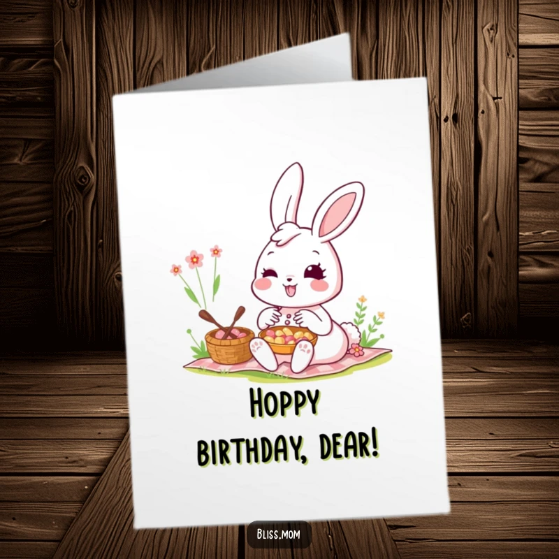 Funny free printable birthday card of a kawaii bunny mom smiling radiantly enjoying a picnic, perfect for birthdays.