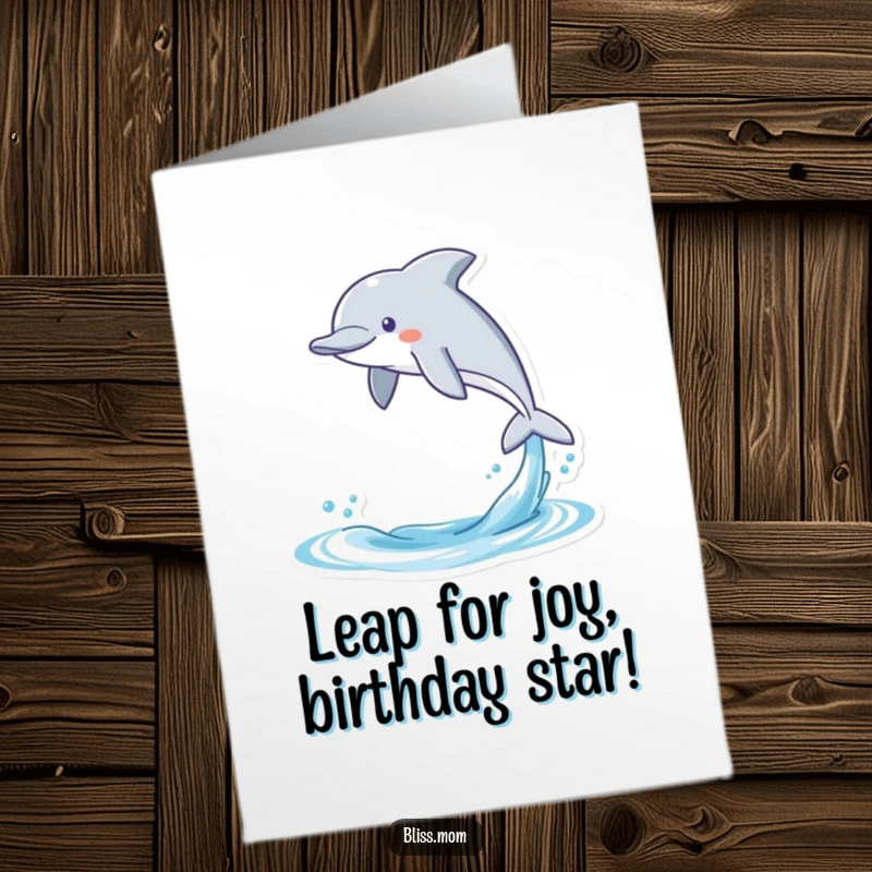 Funny Free Printable Birthday Card: Gleeful kawaii dolphin joyfully leaping from ocean waves, celebrating with pure delight.
