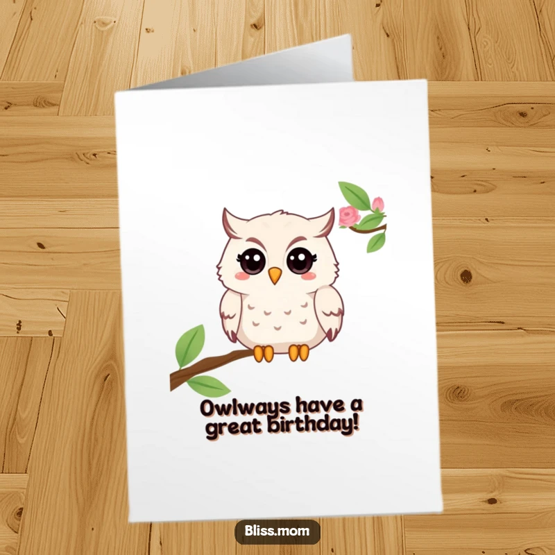 Funny Free Printable Birthday Card featuring a beaming mama owl with a knowing twinkle in her eye, sending birthday cheer.