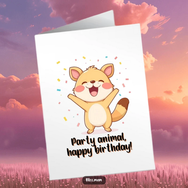 Funny Free Printable Birthday Card: Animal joyfully tossing confetti, big grin, pure celebration vibes.