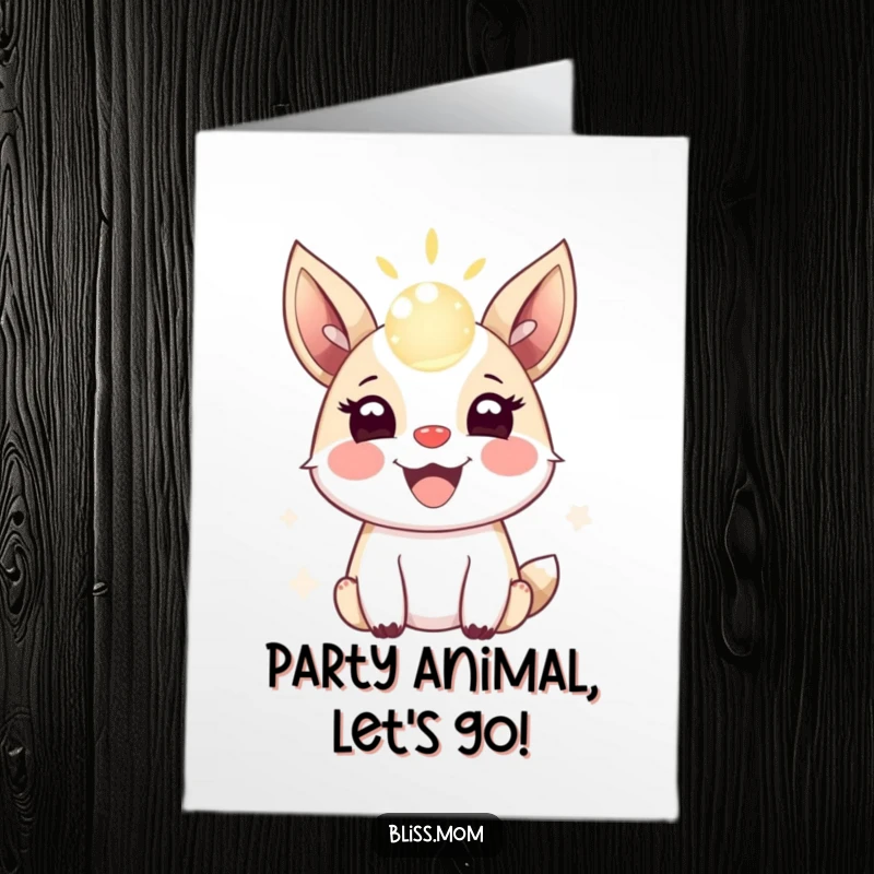 Funny Free Printable Birthday Card: Excited Animal with Huge Ears Bouncing a Glowing Light Orb, Full of Joy