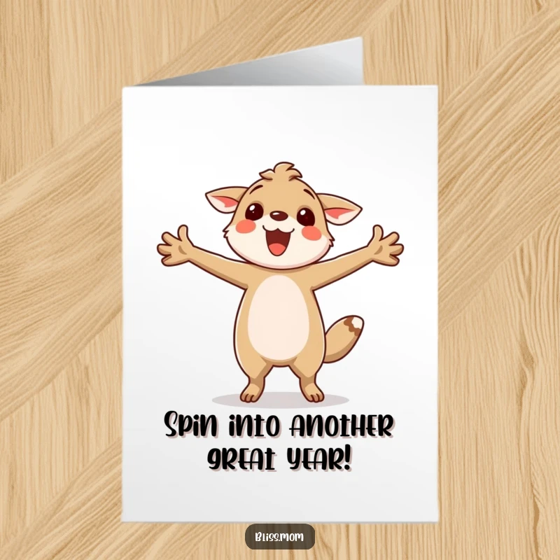 Funny free printable birthday card of a happy animal twirling with arms wide open in pure delight.