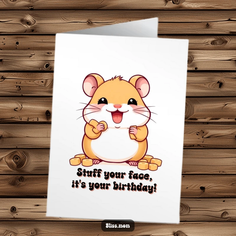 Funny Free Printable Birthday Card: Delighted kawaii hamster stuffing its cheeks full of delicious treats.