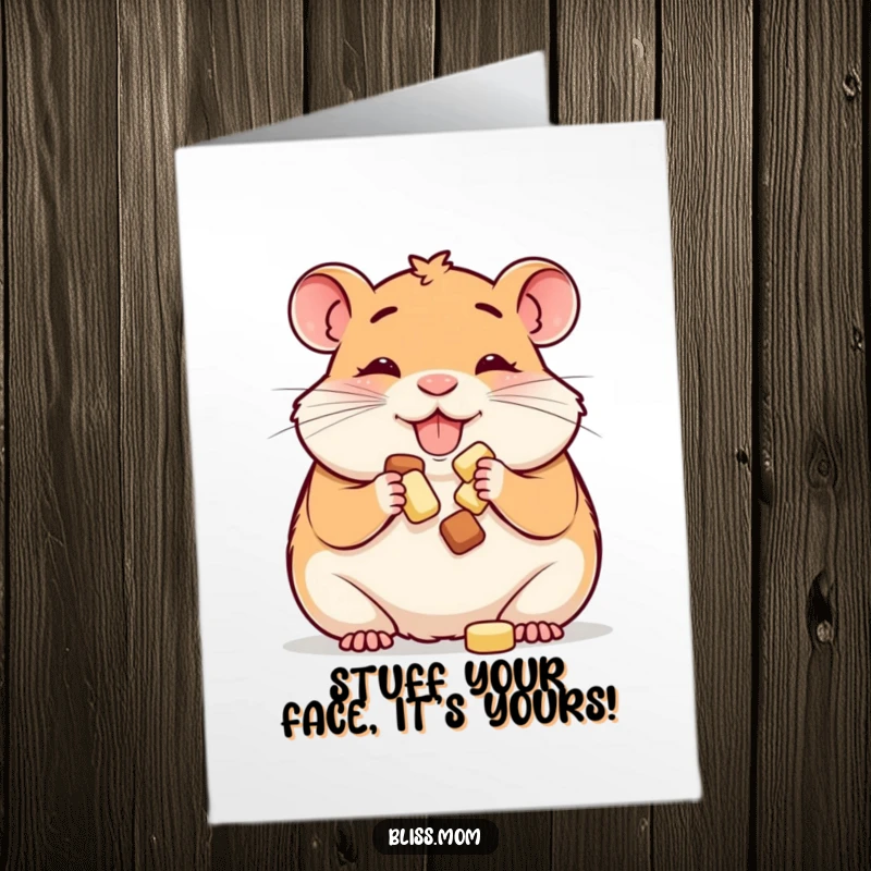 Funny Free Printable Birthday Card: Happy hamster mom stuffing cheeks with treats, perfect DIY gift.