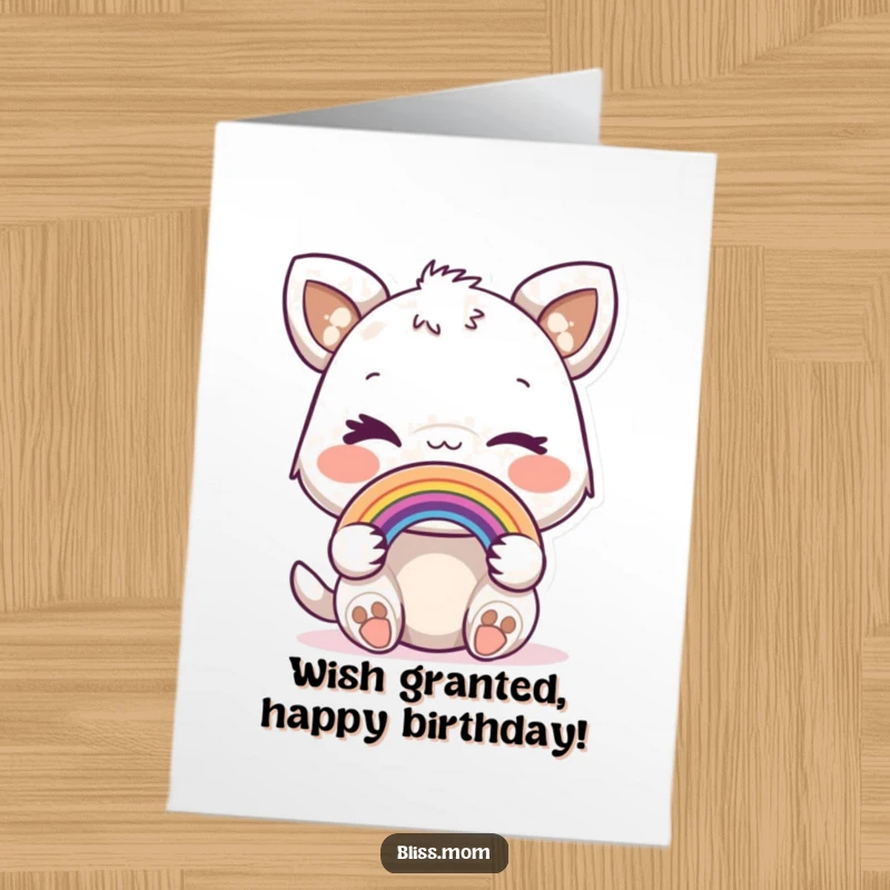 Funny Free Printable Birthday Card: Joyful Animal with a Playful Wink Holding a Tiny Rainbow Arch, Magical Birthday Wishes