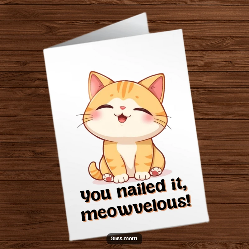 Funny Free Printable Congratulations Card showing a joyful cat with closed eyes basking contentedly in a sunbeam.