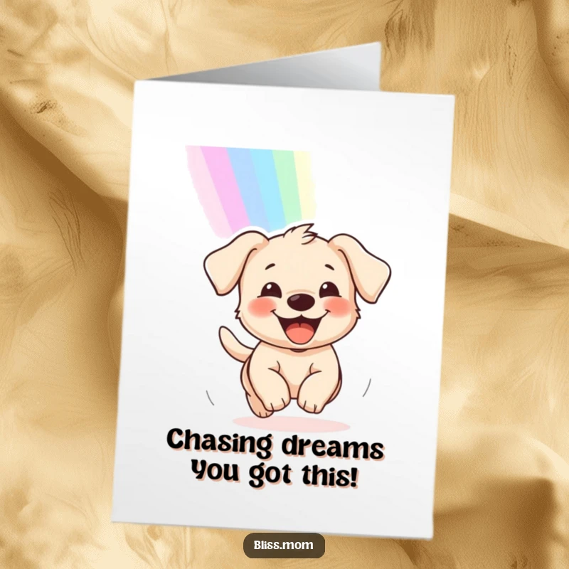 Joyful free printable congratulations card showing a delighted puppy with a wide grin, enthusiastically pursuing a colorful rainbow.
