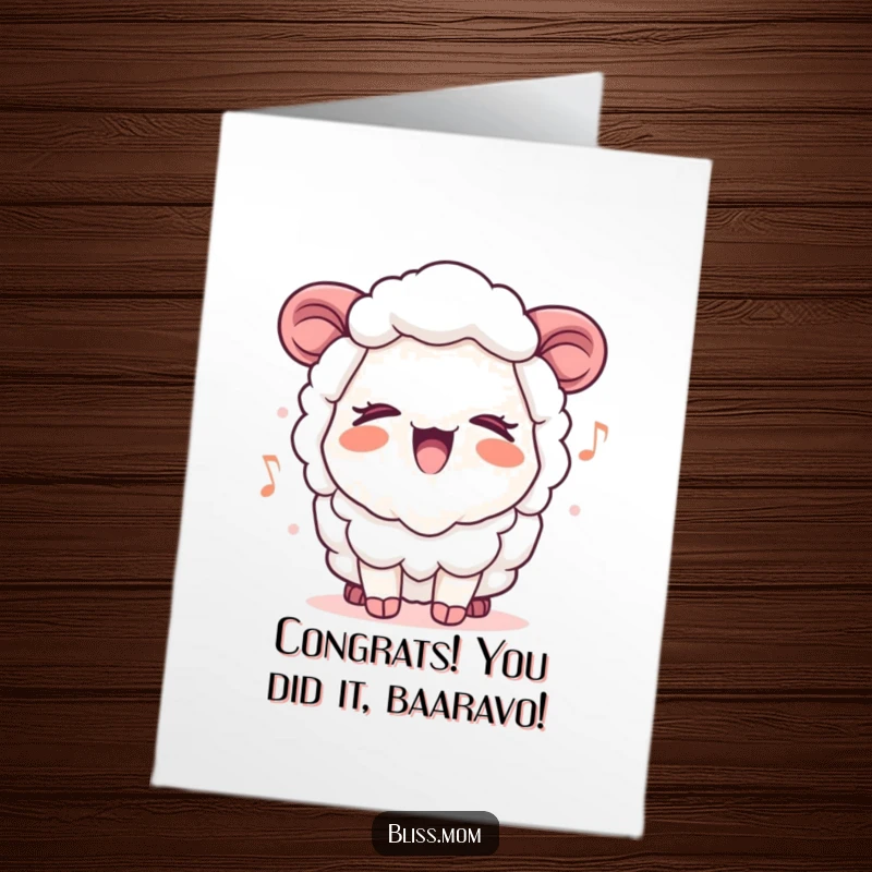 Funny Free Printable Congrats Card: Sweet kawaii sheep mom serenading with a happy tune, closed eyes full of glee.