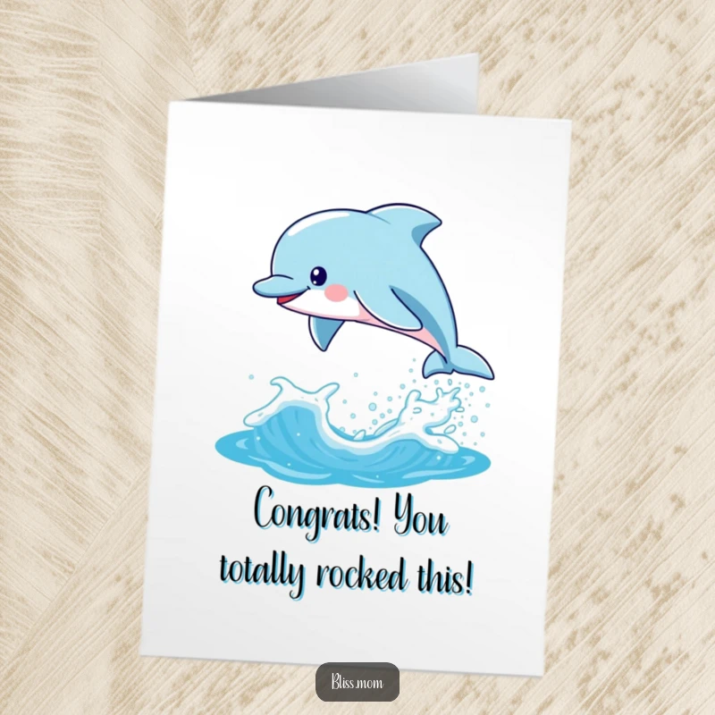 Funny Free Printable Congrats Card: Playful kawaii dolphin mom mid-air, bursting from a shimmering wave.