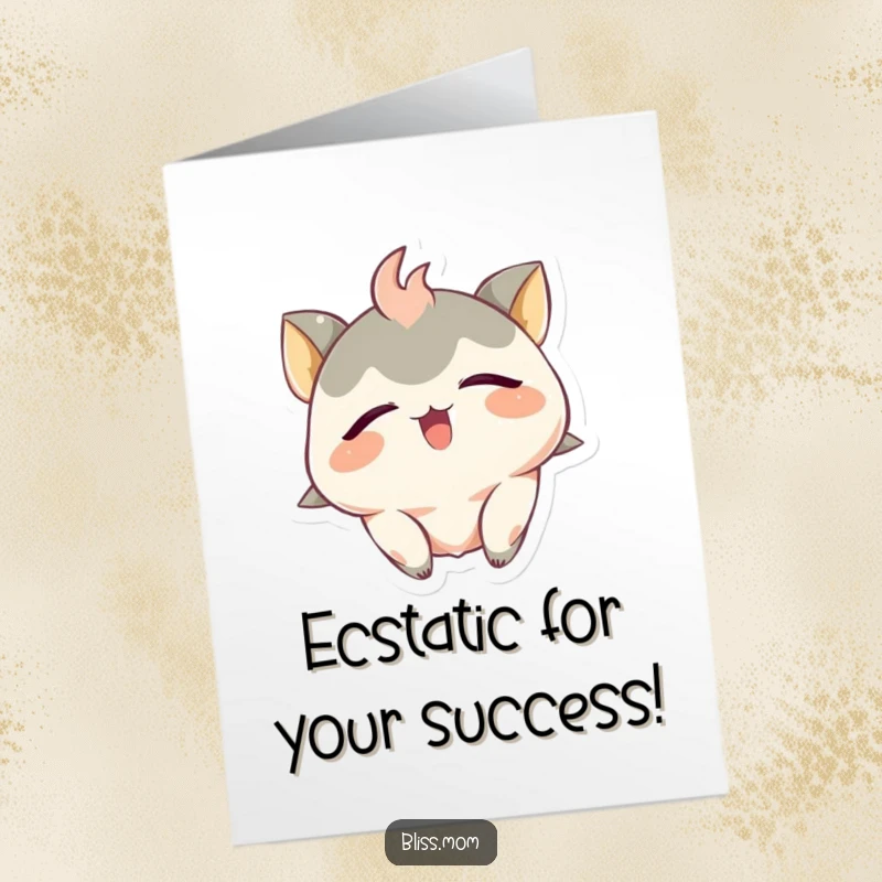 Funny Free Printable Congratulations Card: Creature beaming with an ecstatic smile, eyes closed, head tilted back.