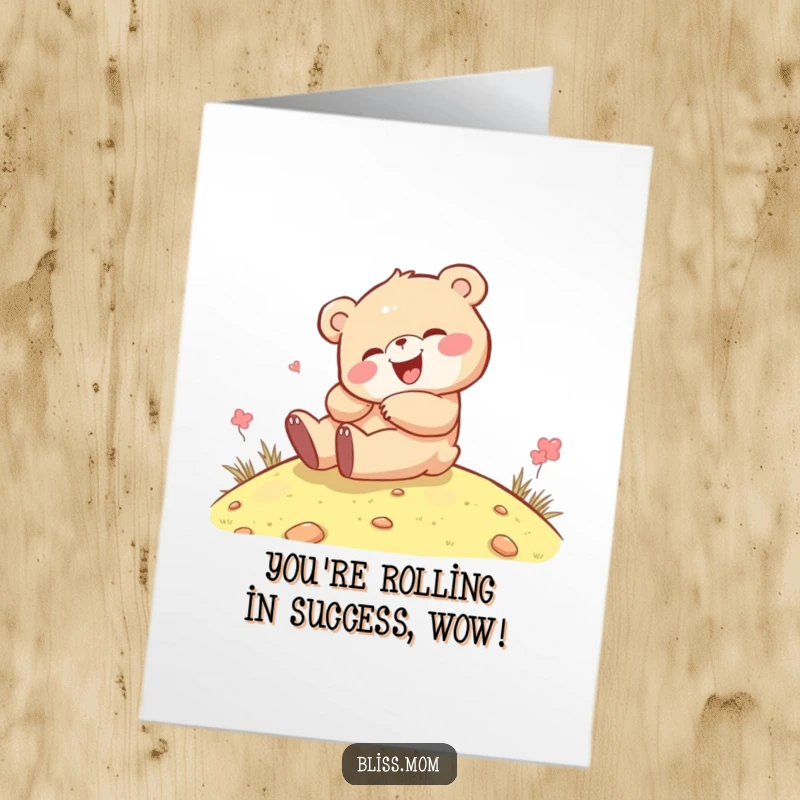 Funny Free Printable Congratulations Card: Kawaii bear cub giggling while rolling down a hill, a fun downloadable art.