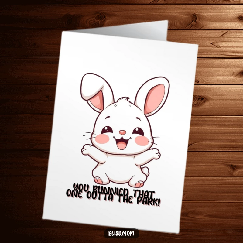 Funny Free Printable Congratulations Card: Joyful kawaii bunny with floppy ears bouncing excitedly to celebrate.