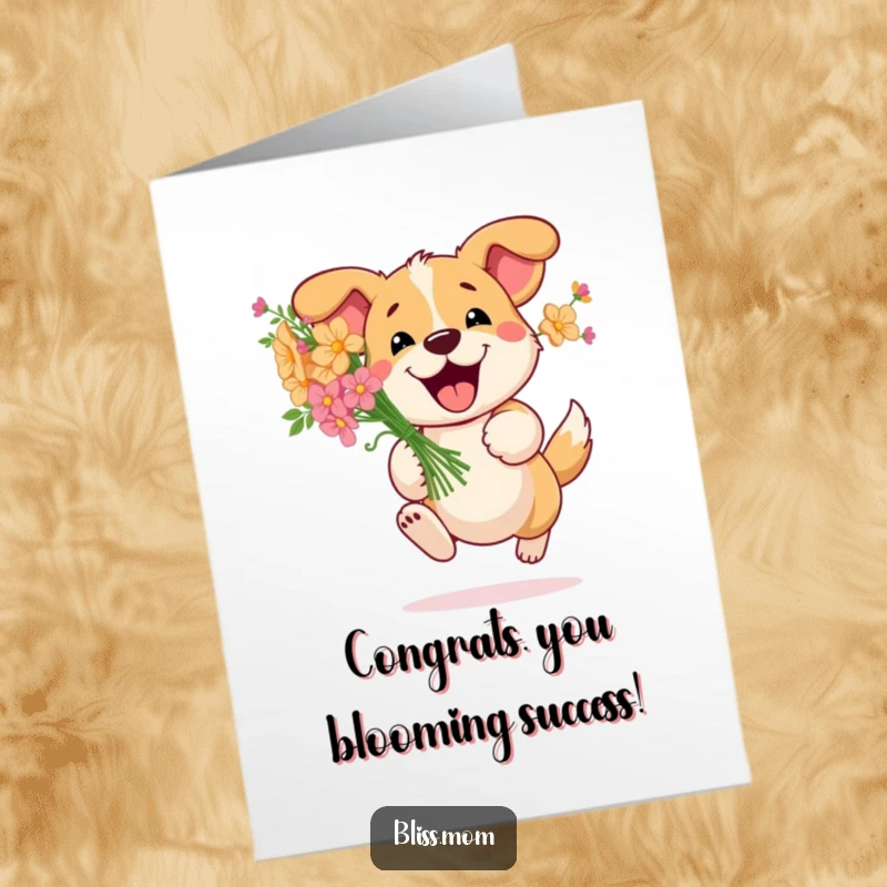 Funny Free Printable Congratulations Card: Happy dog joyfully bounding with a vibrant bouquet of flowers in celebration.