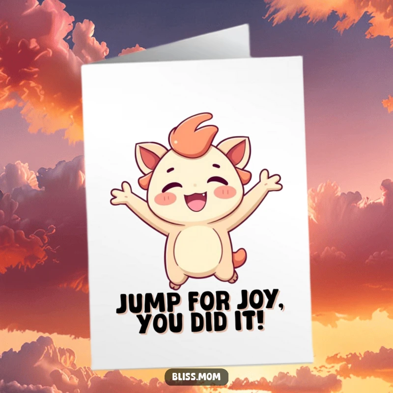 Funny Free Printable Congratulations Card: A creature is captured mid-air, jumping for joy with a radiant, carefree smile.