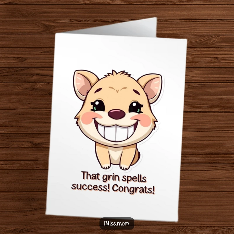 Funny Free Printable Congratulations Card with an animal sporting a wide, infectious, glowing grin of pure delight