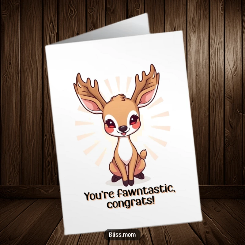 Funny Free Printable Congratulations Card showing a radiant deer mom striking a graceful, happy pose, a perfect downloadable gift.