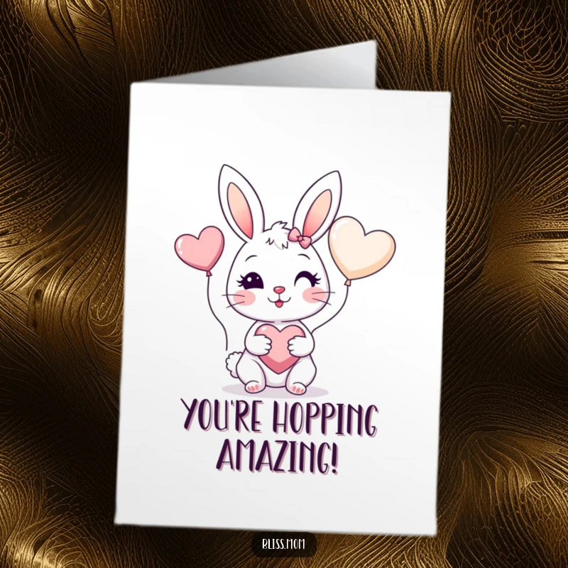 Funny Free Printable Congratulations Card: Cheerful bunny mom holding a heart balloon, celebrating love and happiness.