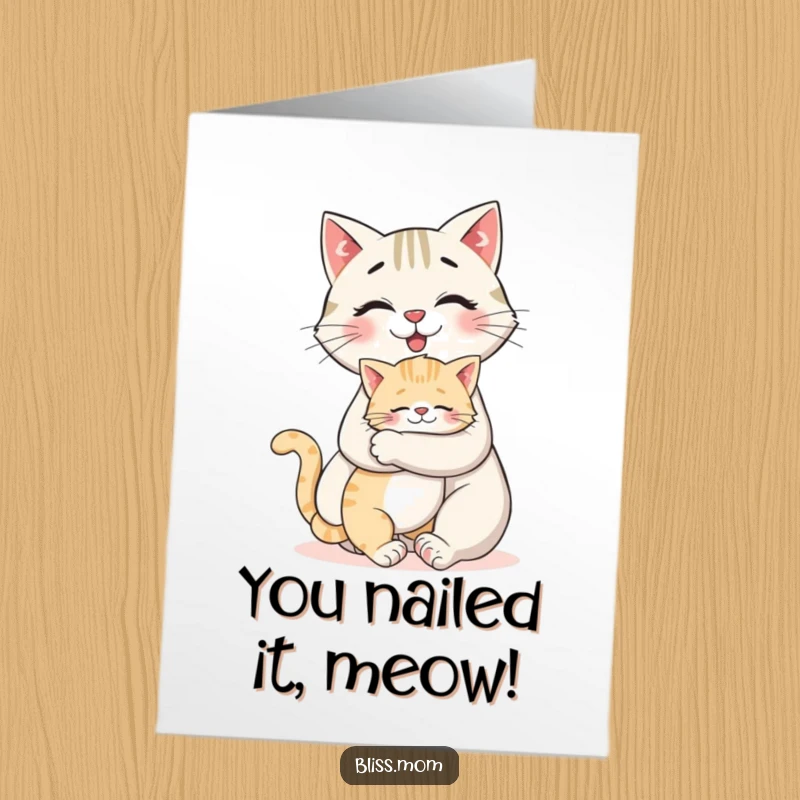 Funny Free Printable Congratulations Card: Cherished cat mom receives a loving hug from her playful kitten, pure joy.