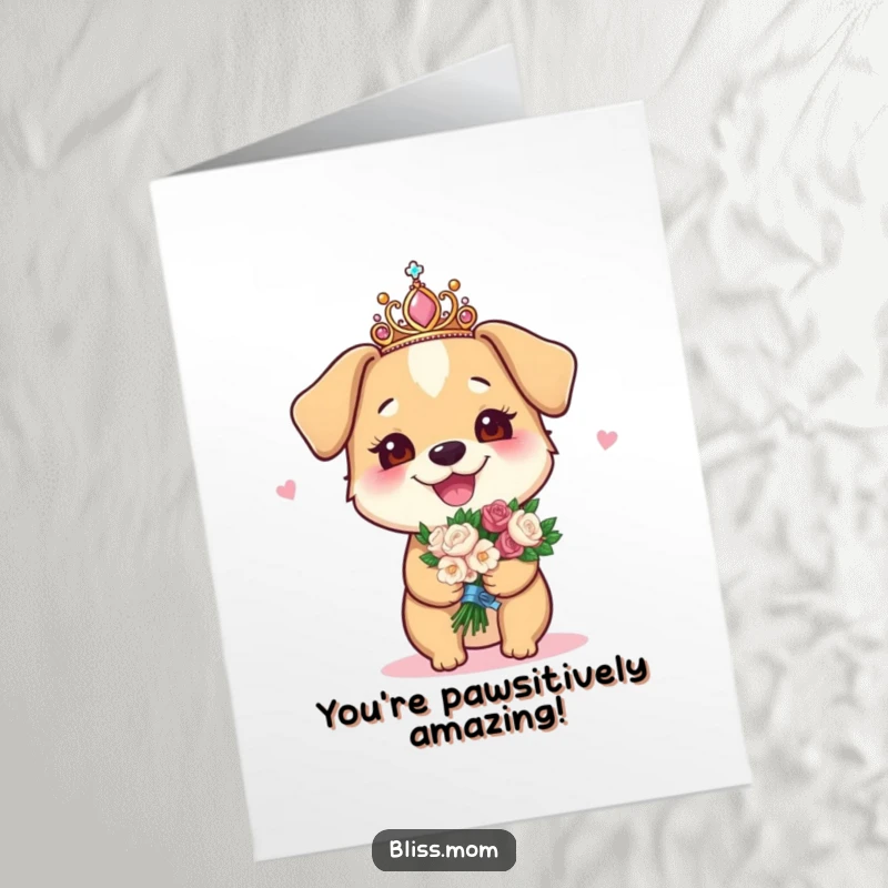 Funny Free Printable Congratulations Card: Joyous dog mom with a tiara and bouquet, celebrating a special win.