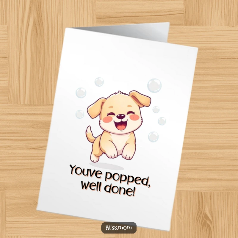 Free Printable Congratulations Card: A kawaii puppy gleefully chases floating bubbles, celebrating a wonderful achievement.