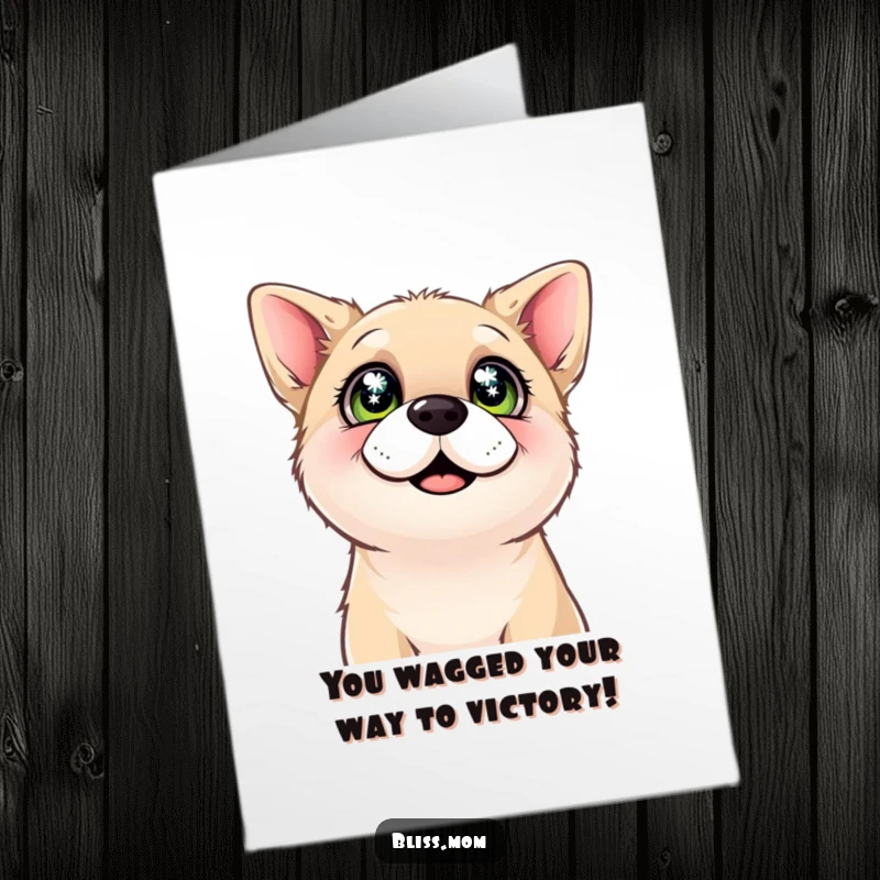 Funny Free Printable Congratulations Card: A dog gazing upwards with sparkling, happy eyes, conveying genuine congratulations and warmth.
