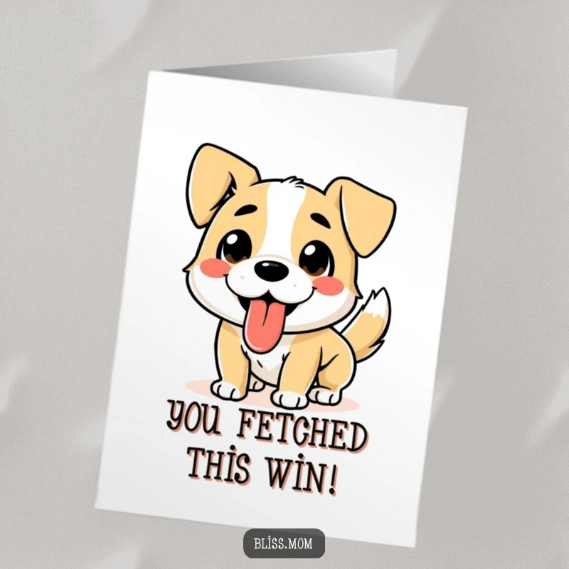 Funny Free Printable Congratulations Card: An overjoyed dog with tongue out, tail a blur, celebrating your big news with pure happiness.