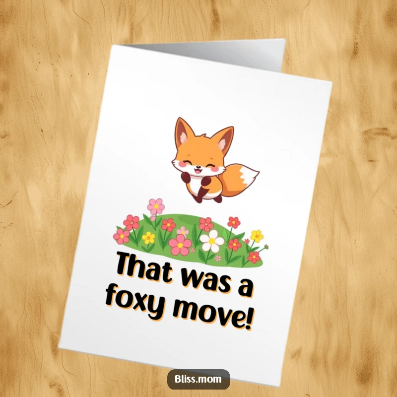 Funny Free Printable Congratulations Card: Cheerful kawaii fox leaping playfully over a colorful flower patch to celebrate.