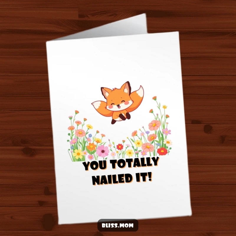 Funny Free Printable Congratulations Card: A gleeful fox mid-leap through wildflowers, conveying excitement and joyous celebration.