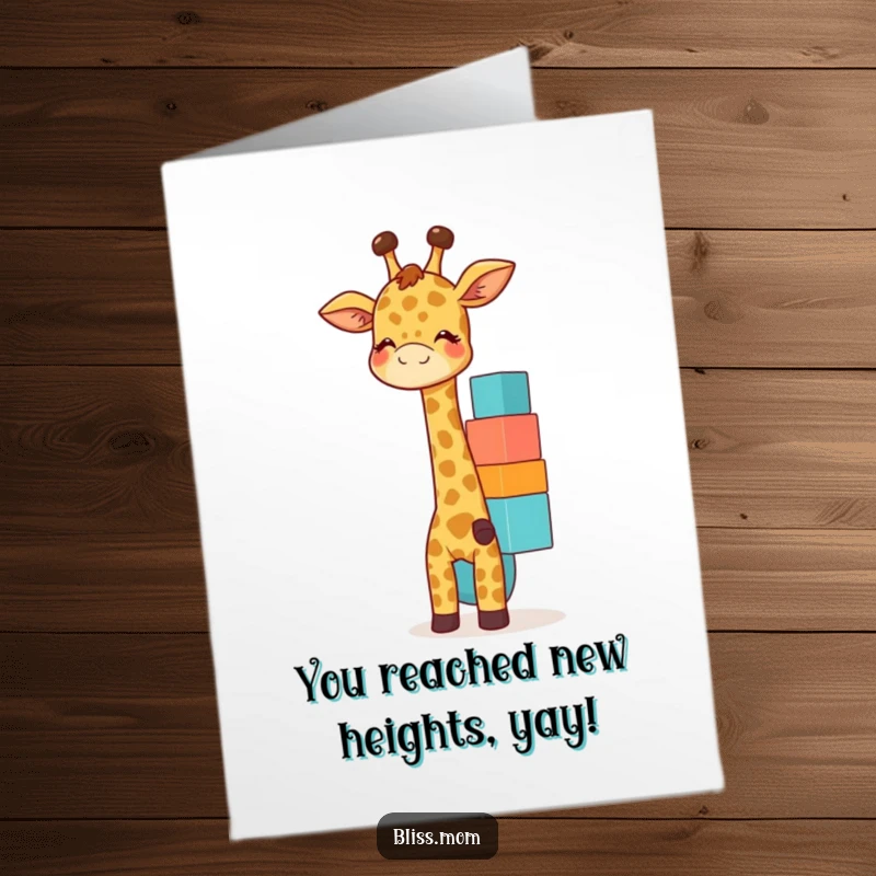 Funny Free Printable Congratulations Card featuring a giggling giraffe mom happily balancing colorful blocks, a unique downloadable gift.