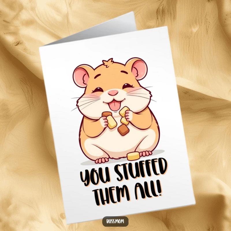 Funny Free Printable Congrats Card: Happy hamster mom stuffing cheeks with treats, perfect DIY gift.