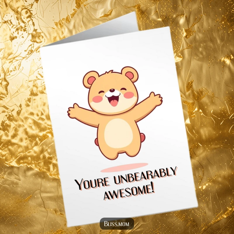 Funny free printable congratulations card of a kawaii bear mom doing a joyful jump with arms outstretched, celebrating news.