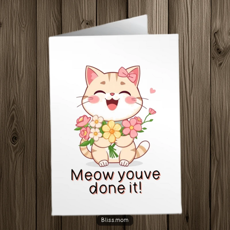 Funny free printable congratulations card showing a kawaii cat mom laughing heartily with flowers, perfect for celebrating any occasion.