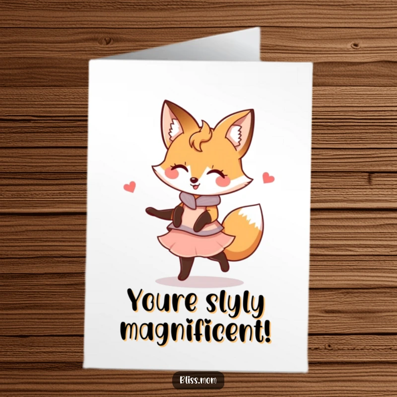 Funny free printable congratulations card showing a kawaii fox mom twirling gracefully with a happy expression, celebrating wins.