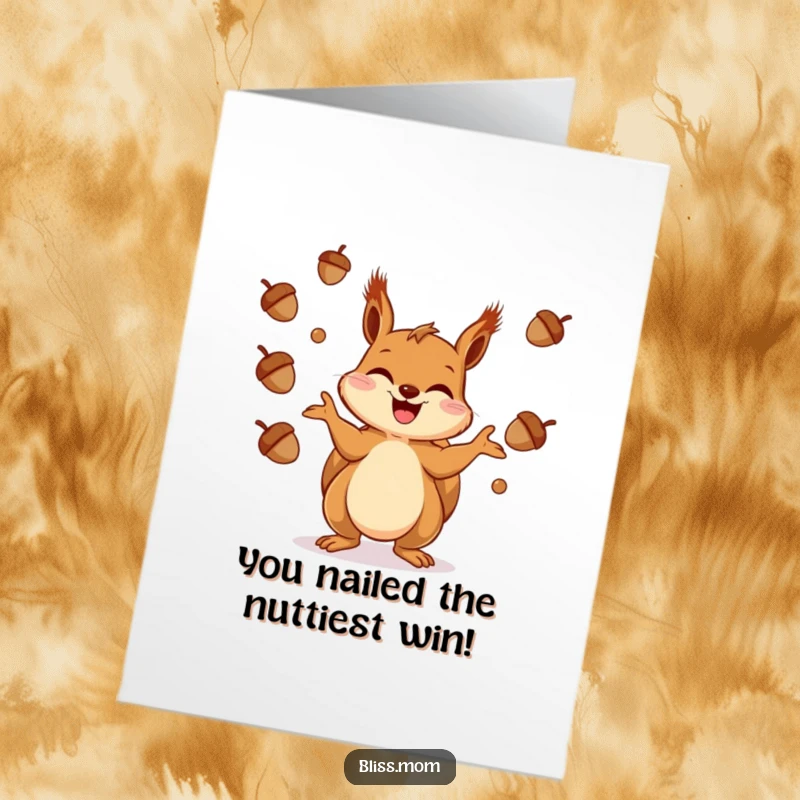 Funny Free Printable Congratulations Card: A giggling squirrel skillfully juggling acorns, celebrating your wonderful news with delight.