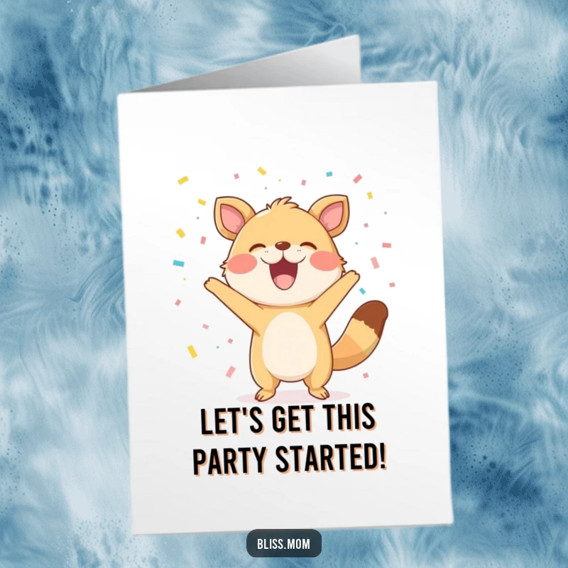 Funny Free Printable Congratulations Card: Animal gleefully tossing confetti with a massive, infectious grin.