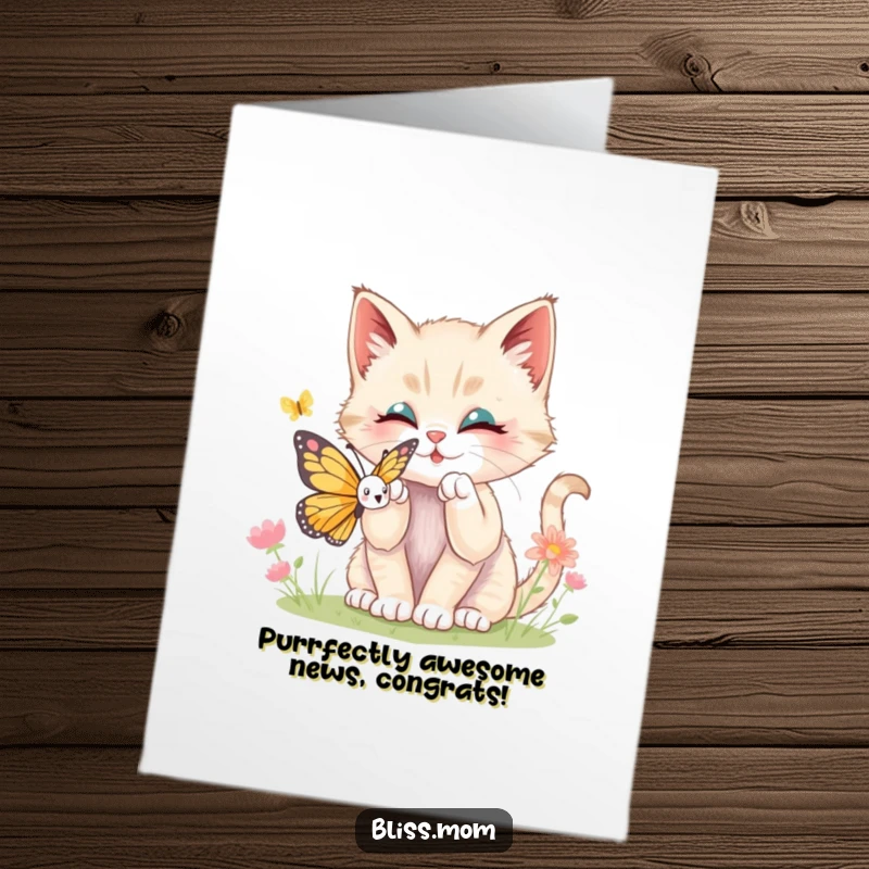 Funny Free Printable Congratulations Card: Kawaii kitten batting a butterfly, perfect for celebrating wins with downloadable art.