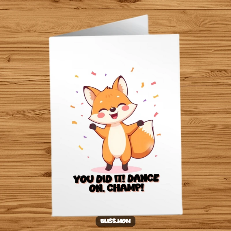 Funny Free Printable Congratulations Card: A jubilant fox performs a happy dance, surrounded by confetti, celebrating your big news.