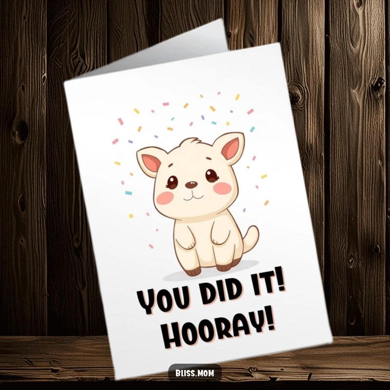 Funny Free Printable congratulations card with a joyful animal amid a confetti shower, ideal for greeting cards.