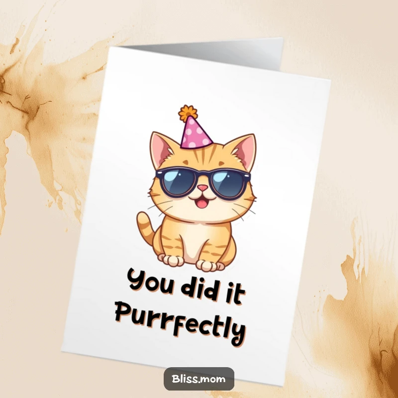 Free printable congratulations card with a giggling cat wearing sunglasses and a party hat, celebrating with humor and style.