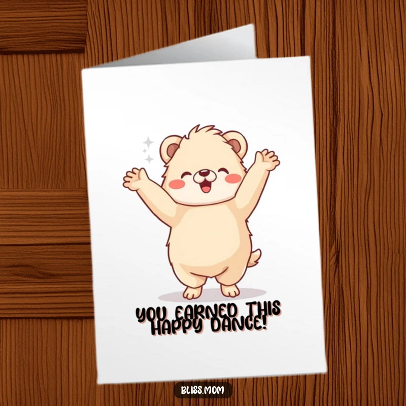 Funny Free Printable Congratulations Card: A fluffy animal performing a happy little jig with arms in the air.